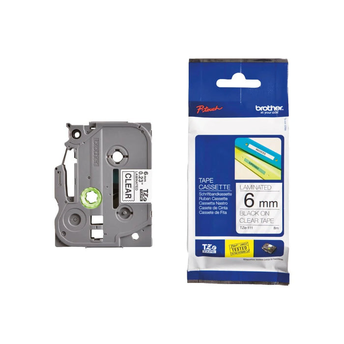 Brother TZ-111 P-touch Label Tape, 6mm, (1/4"), Black on Clear