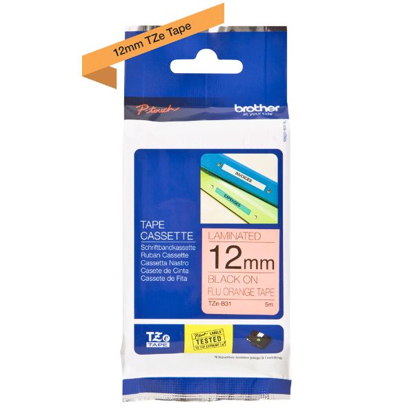 Brother TZe-B31 Labelling Tape Cassette 12mm x 8m - Black on Fluorescent Orange