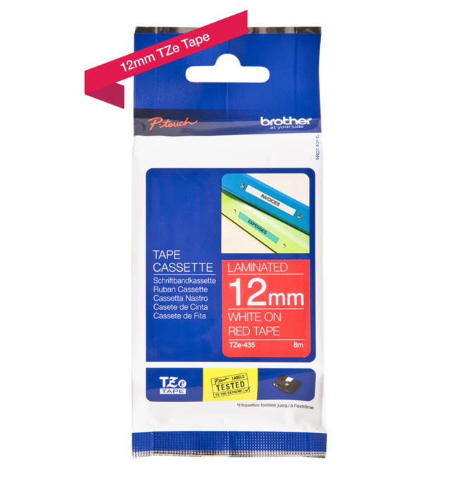 Brother TZ-435 P-touch Label Tape, 12mm, (1/2"), White on Red