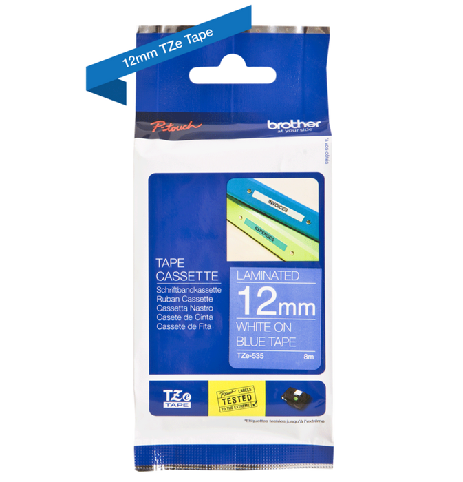 Brother TZ-535 P-touch Label Tape, 12mm, (1/2"), White on Blue