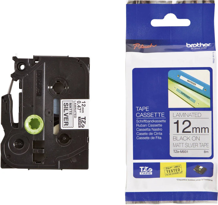 Brother TZ-M931 P-touch Label Tape, 12mm, (1/2"), Black on Matte Silver