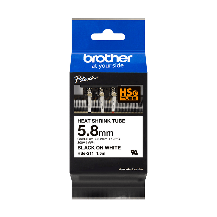 Brother HSe-211 Heat Shrink Tube Tape Cassette – Black on White, 5.8mm x 1.5m