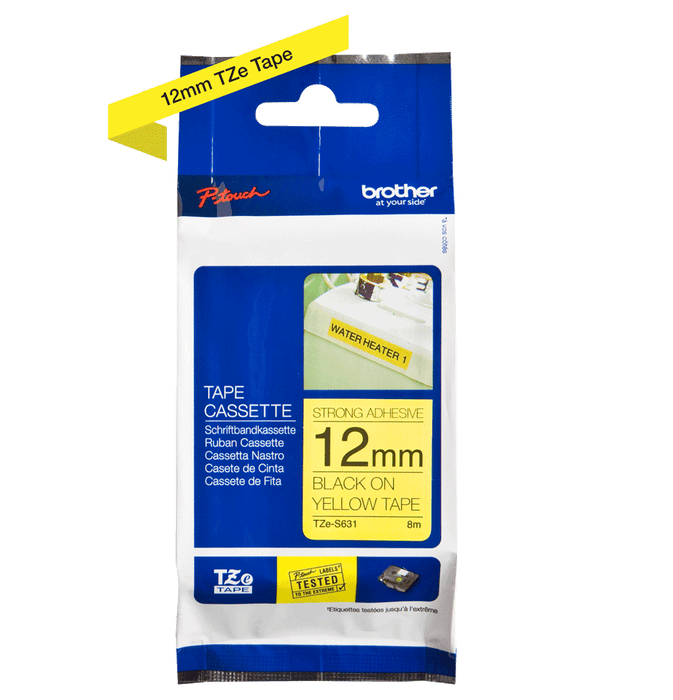 Brother P-touch 12mm TZ-S631 Strong Adhesive Tape, Black on Yellow