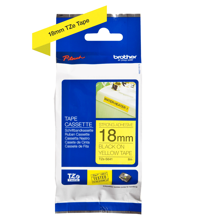 Brother P-touch 18mm TZ-S641 Strong Adhesive Tape, Black on Yellow