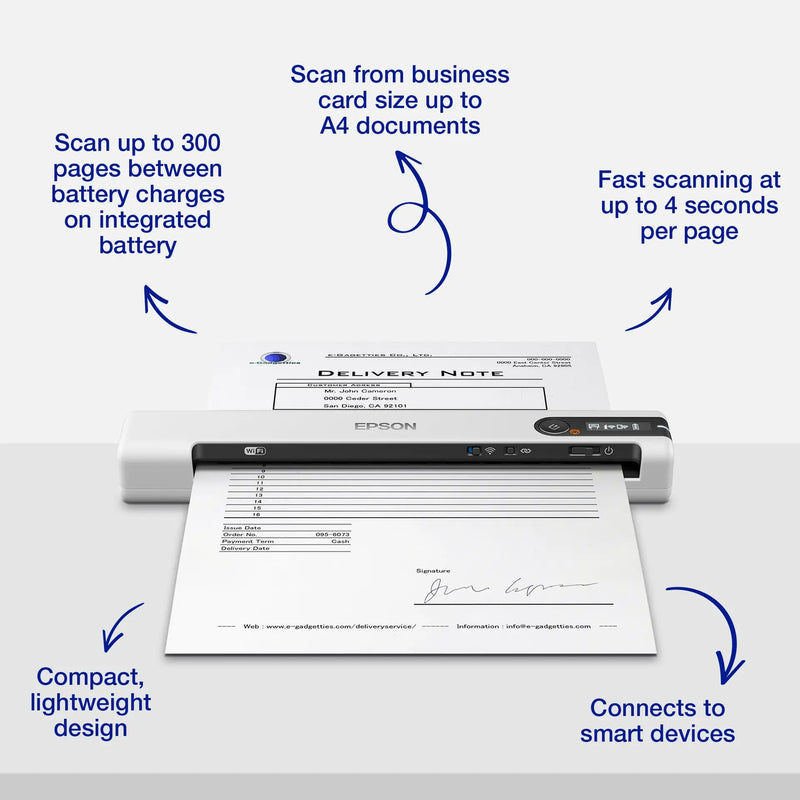 Epson WorkForce DS-80W Wireless Portable Document Scanner - Compact and Versatile
