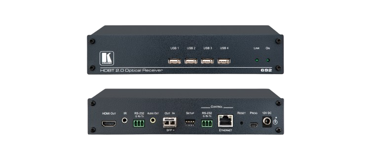 692 4K60 4:2:0 HDMI MM/SM Fiber Optic Receiver with USB, Ethernet, RS–232, IR & Stereo Audio De–embedding over Ultra–Reach HDBaseT 2.0