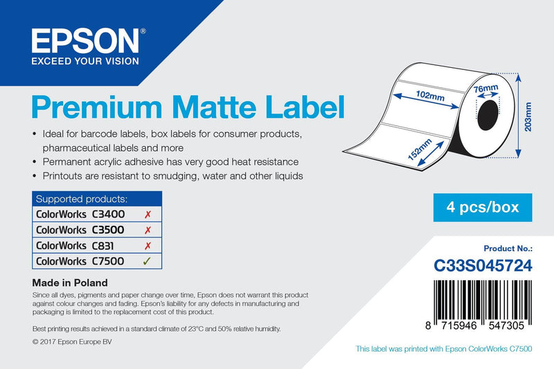 PE Matte Label - Die-cut Roll: 102mm x 152mm, 800 labels