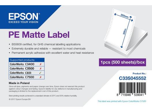 PE Matte Label - Die-cut Fanfold sheets with sprockets: 203mm x 305mm, 500 labels