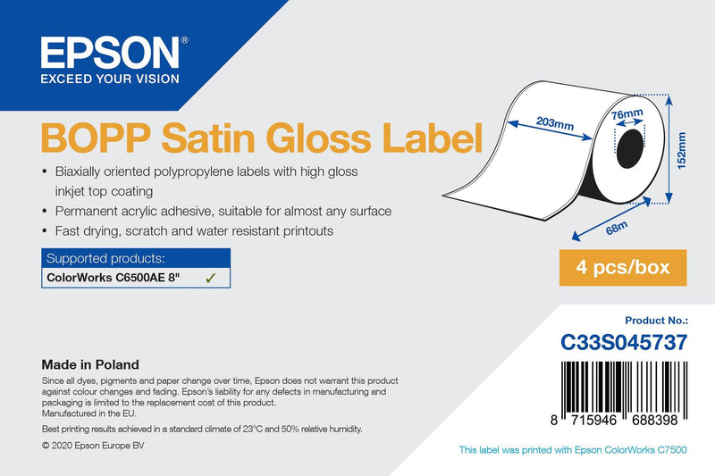 BOPP Satin Gloss Label - Continuous Roll: 203mm x 68m