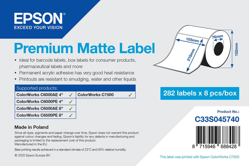 Premium Matte Label - Die-Cut Roll: 105mm x 210mm, 282 labels