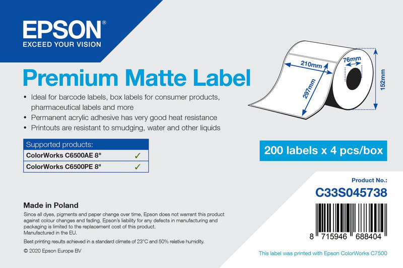 Premium Matte Label - Die Cut Roll: 210mm x 297mm, 200 labels