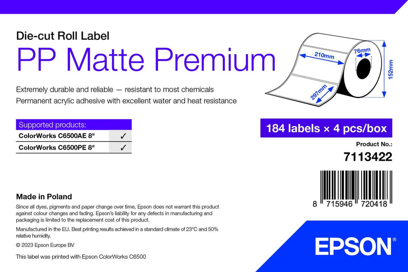 PE Matte Label - Die-Cut Roll: 210mm x 297mm, 184 labels